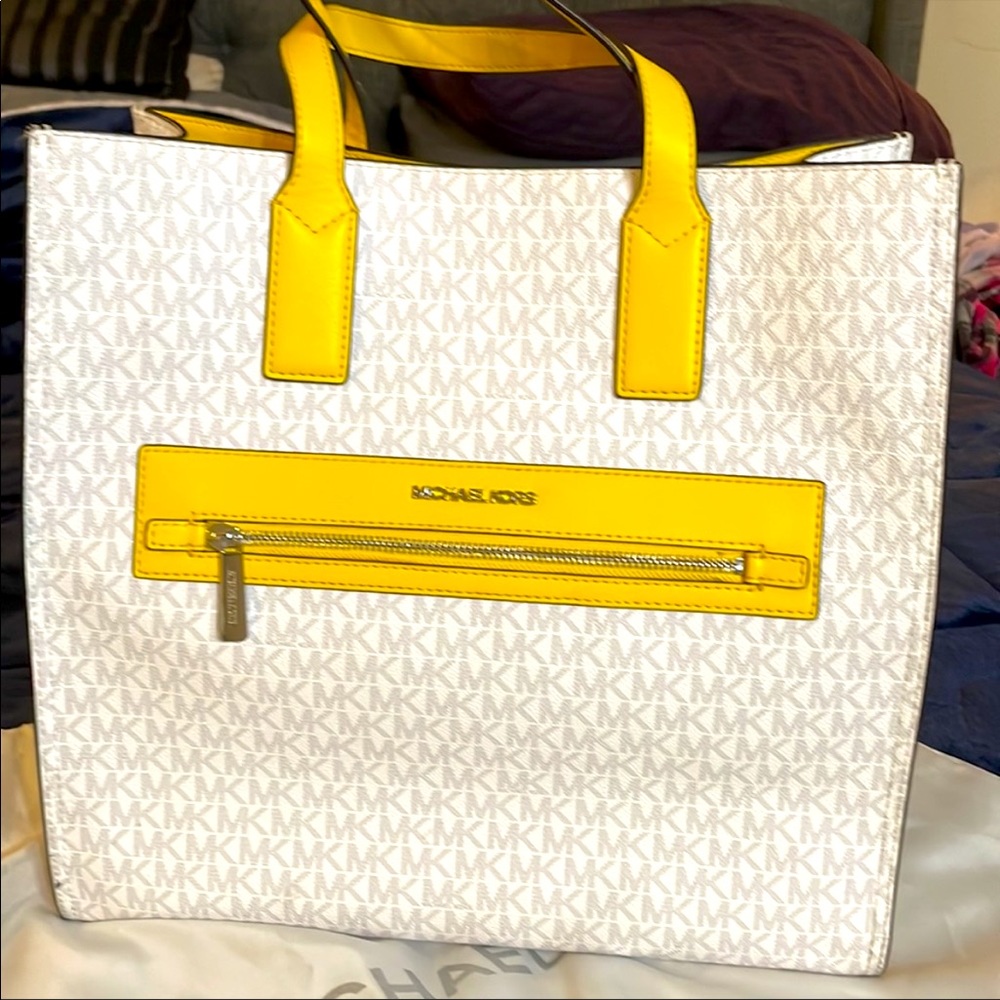 Yellow and White Michael Kors Logo tote.